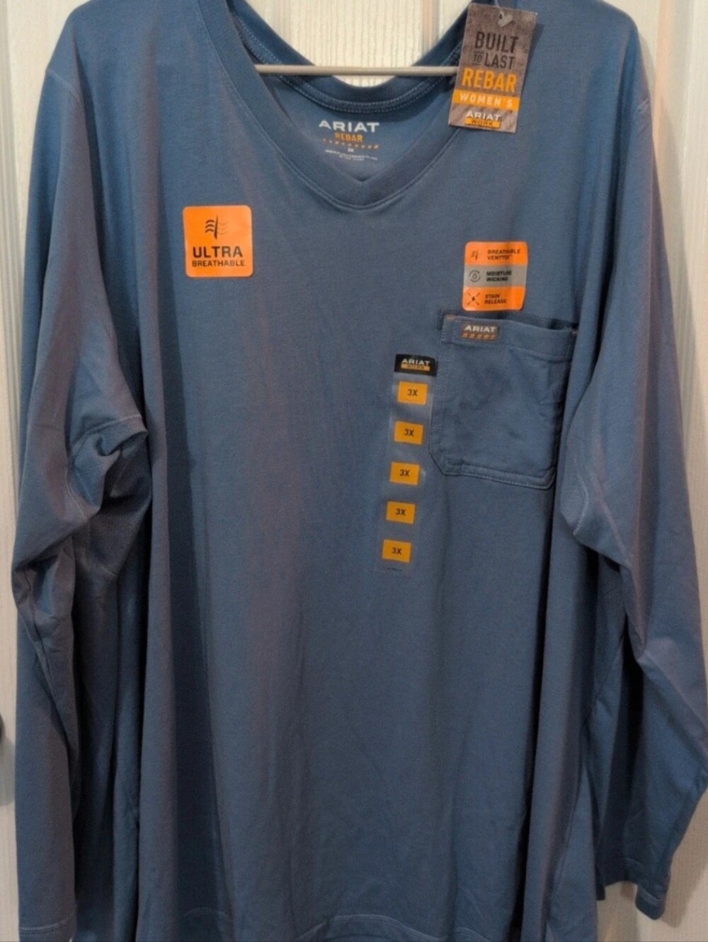 Ariat Rebar Women's Sky Blue V-Neck Long Sleeve Pocket Tee